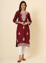 Rayon Maroon Casual Wear Lucknowi Chikankari Work Readymade Kurti